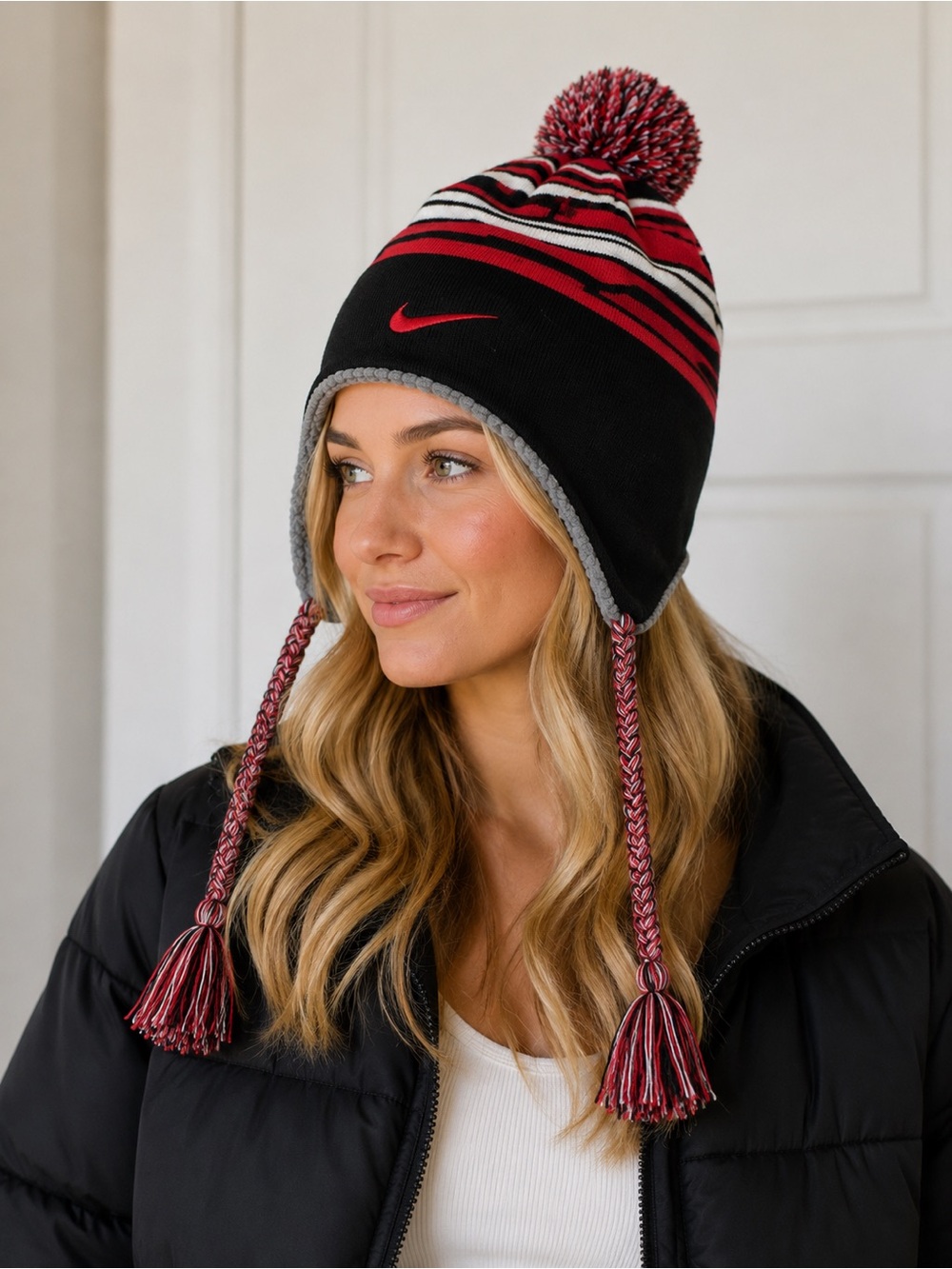 Nike Cross Country Black and Red Pom-Pom Earflap Beanie with Stripes